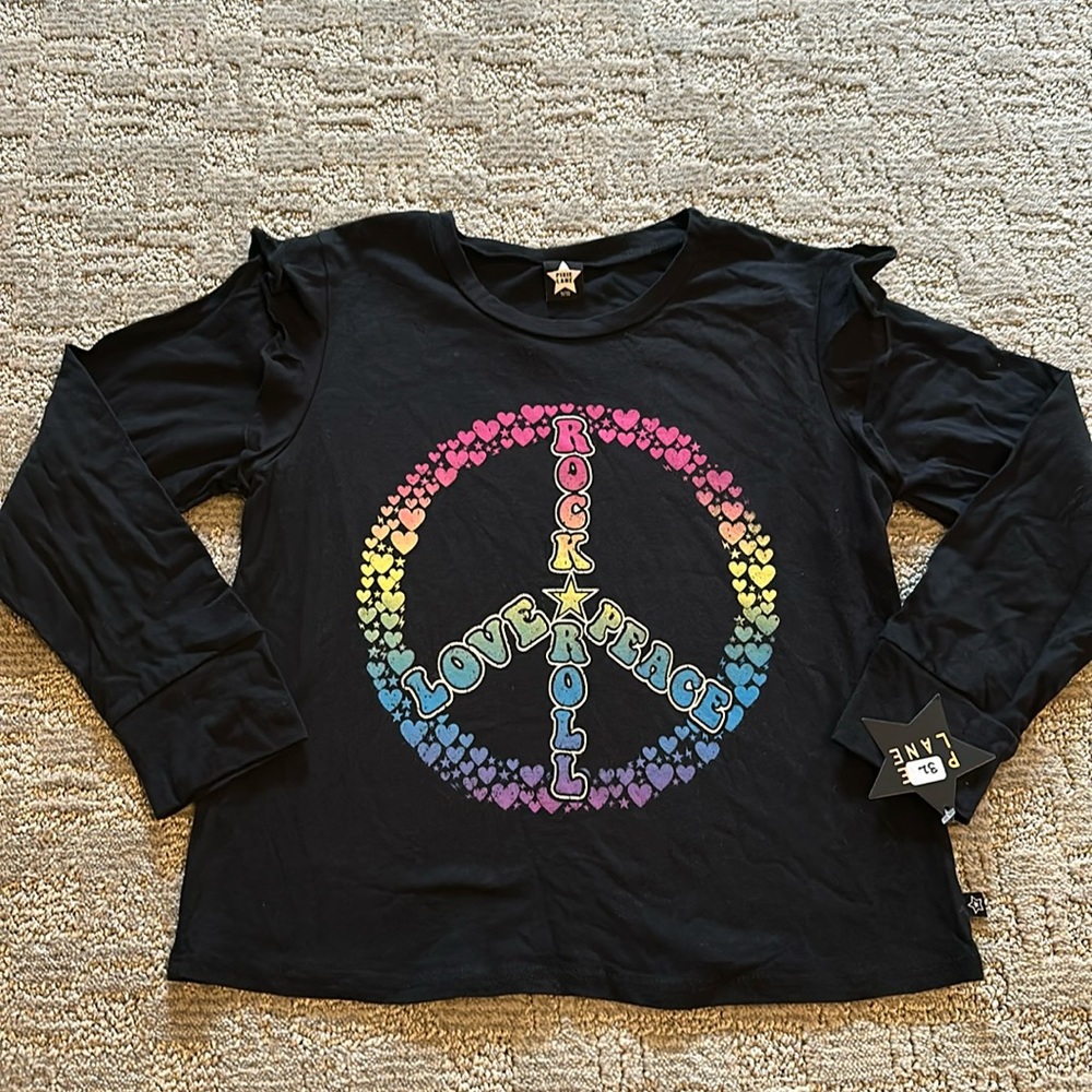 Ruffle Sleeve Rock, Roll, Love, Peace LS Girls Shirt, PixieLane 9/10 NWT